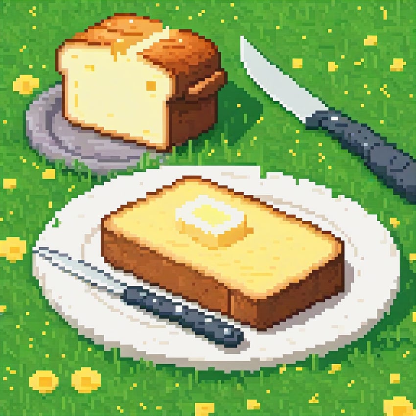bread, butter, day, flower, food, food_focus, grass, hero80, knife, no_humans, original, outdoors, pixel_art, pixel_art_diffusion_xl, plant, plate, still_life, yellow_flower