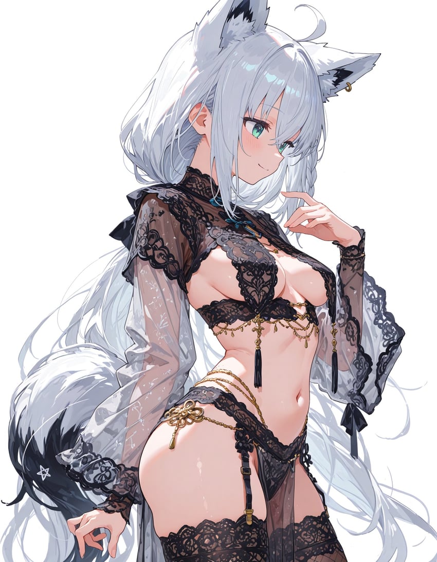1girl, animal_ear_fluff, animal_ears, bangs, black_panties, black_thighhighs, blush, breasts, closed_mouth, cowboy_shot, crossed_bangs, fingernails, garter_belt, gold, green_eyes, groin, hair_between_eyes, hand_up, highres, hololive, japanese_commentary, lifelong_orca98, long_hair, long_sleeves, looking_down, medium_breasts, midriff, model_request, navel, ornamental_weight, panties, see-through, see-through_sleeves, shirakami_fubuki, sidelocks, simple_background, smile, solo, standing, tassel, thighhighs, underwear, very_long_hair, virtual_youtuber, white_background, white_hair