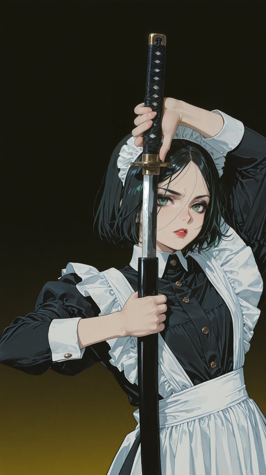 1girl, apron, black_background, black_dress, black_eyeshadow, black_hair, black_sleeves, buttoned_cuffs, buttons, collared_shirt, comfyui, drawing_sword, dress, eyelashes, eyeshadow, frills, gradient, gradient_background, green_eyes, hair_strand, highres, holding, holding_sword, holding_weapon, iceb2, juliet_sleeves, katana, krita_(medium), lips, lipstick, long_sleeves, looking_at_viewer, maid, maid_apron, maid_headdress, makeup, nose, original, parted_lips, plant_milk, puffy_sleeves, red_lips, resized, serious, sheath, shirt, short_hair, solo, sword, unsheathing, upper_body, upscaled, waist_apron, weapon, yellow_background
