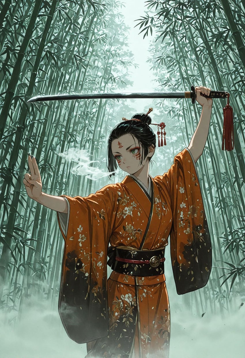 1girl, bamboo, bamboo_forest, black_hair, breath, controlnet, cowboy_shot, eyeshadow