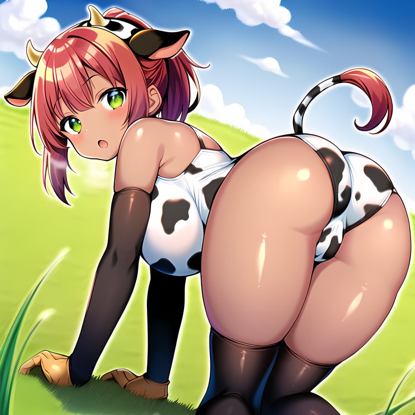 1girl, all_fours, animal_ears, animal_print, anything_(model), ass, bell, blue_sky