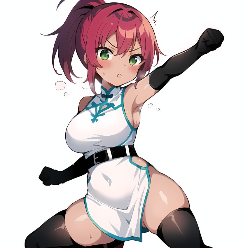 1girl, :o, anything_(model), armpits, belt, black_gloves, breasts, china_dress