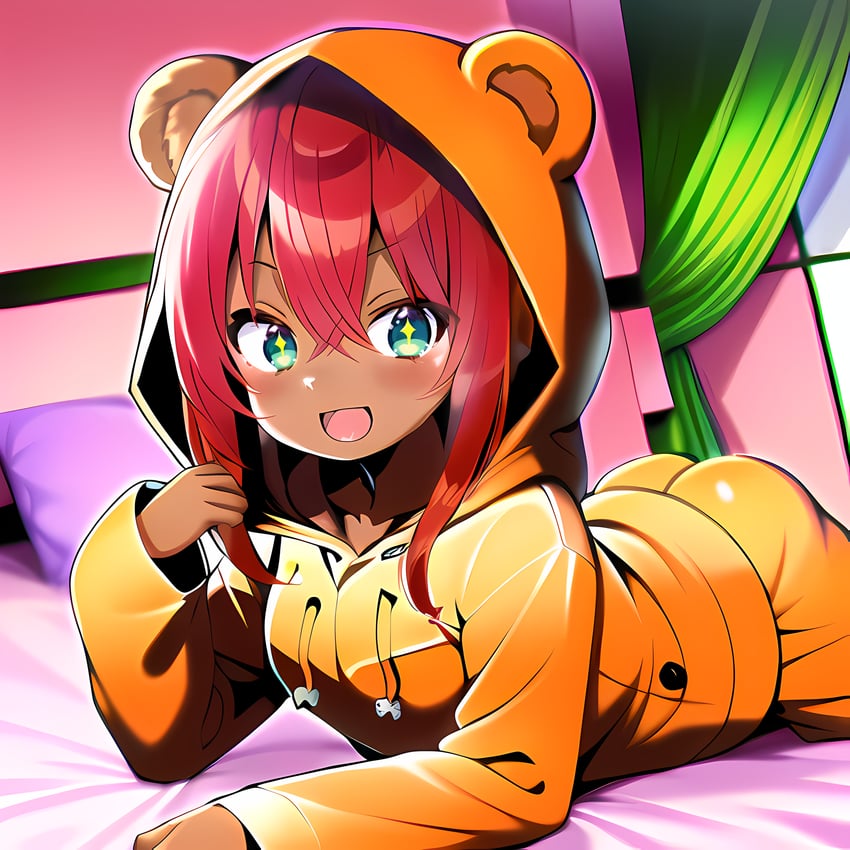 1girl, :d, absurdres, animal_hood, anything_(model), ass, dark-skinned_female, dark_skin