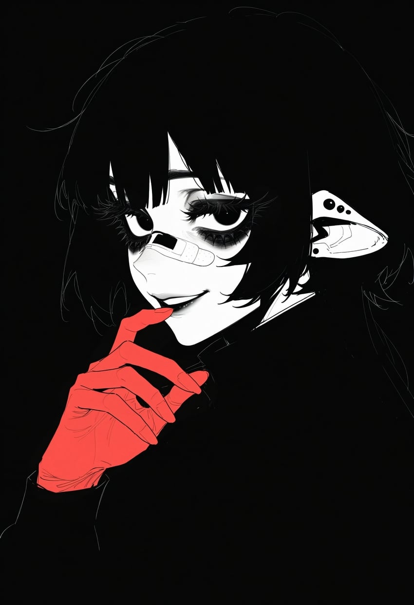 1girl, bandaid, bandaid_on_face, bandaid_on_nose, black_background, black_eyes, black_eyeshadow, black_hair