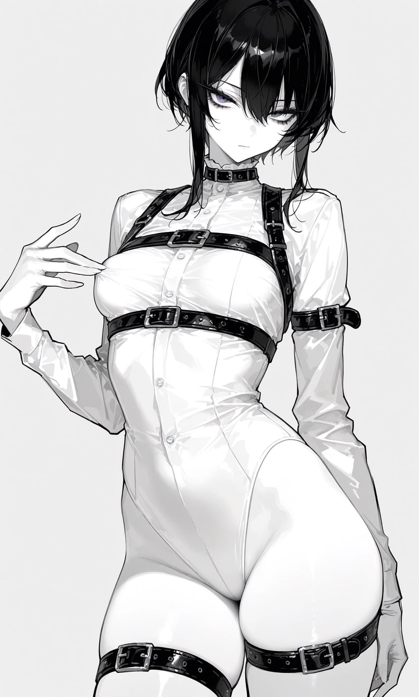 1girl, bad_id, bad_twitter_id, belt, belt_buckle, belt_collar, breasts, buckle