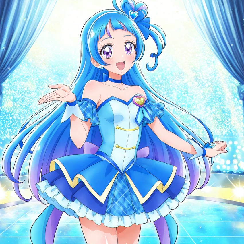 1girl, :d, aokaze_nana, back_bow, bare_shoulders, blue_bow, blue_choker, blue_dress