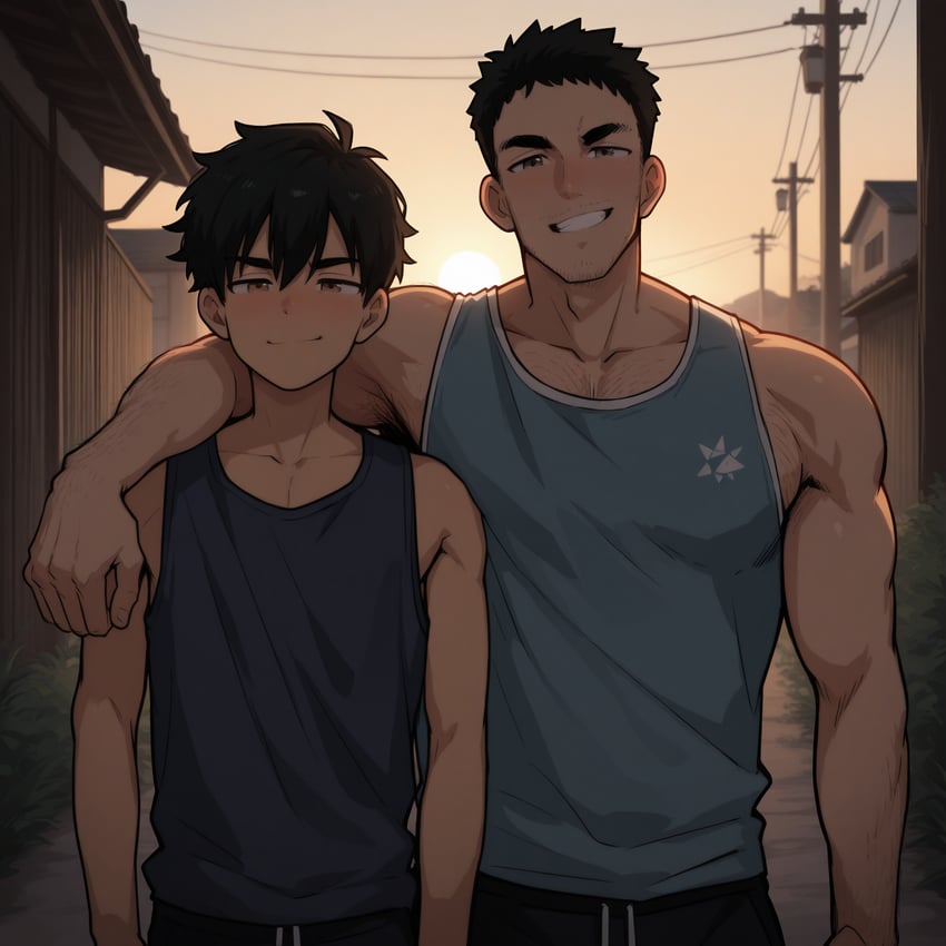 2boys, bara, black_pants, brown_eyes, brown_hair, collarbone, comfyui, grin, height_difference, highres, idoraad_(style), light_smile, looking_at_viewer, male_focus, multiple_boys, muscular, muscular_male, original, outdoors, pants, single_arm_hug, smile, sunrise, tank_top, teeth, upper_body, utility_pole, wai-illustrious-sdxl, xammile
