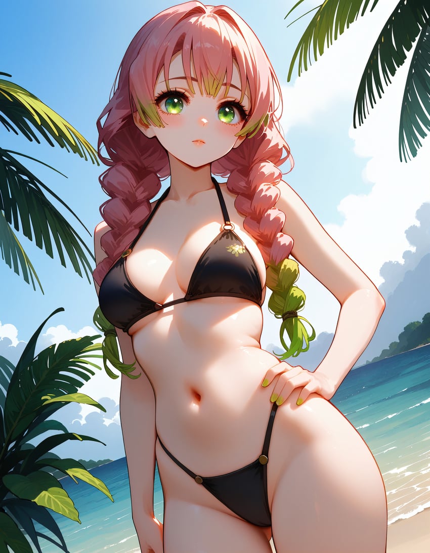 1girl, absurdres, beach, bikini, black_bikini, braid, chinese_commentary, commentary