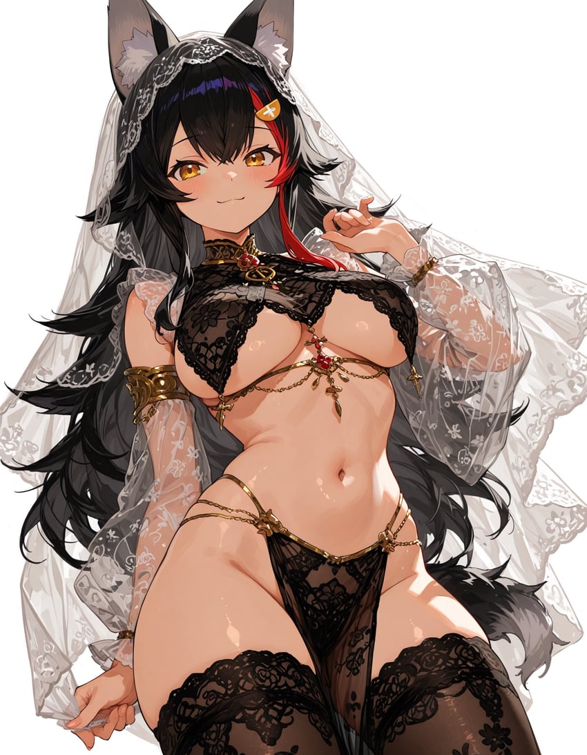 1girl, alternate_costume, animal_ear_fluff, animal_ears, bad_hands, bangs, black_hair, black_thighhighs