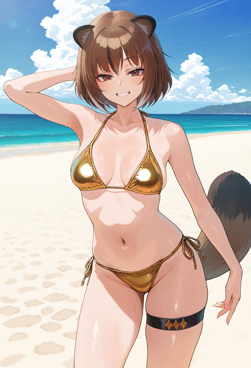 1girl, animal_ears, arm_behind_head, arm_up, armpits, bare_arms, bare_shoulders, beach, bikini, blue_sky, breasts, brown_eyes, brown_hair, cloud, collarbone, cowboy_shot, cyon_hart, day, dims2_illustrious-xl_personal_merge, drawfag, gold_bikini, golden_week, grin, halterneck, highres, looking_at_viewer, lora, medium_breasts, navel, ocean, outdoors, raccoon_ears, raccoon_girl, raccoon_tail, sand, short_hair, side-tie_bikini_bottom, skindentation, sky, smile, solo, standing, stomach, string_bikini, swimsuit, tail, thigh_strap, thighs, umbrellafucker_(drawfag), v&u_entertainment, virtual_youtuber, water