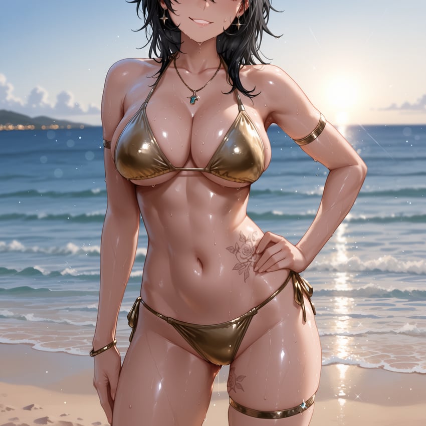 1girl, adetailer, armlet, ayase_yuu, bare_shoulders, beach, bikini, black_hair