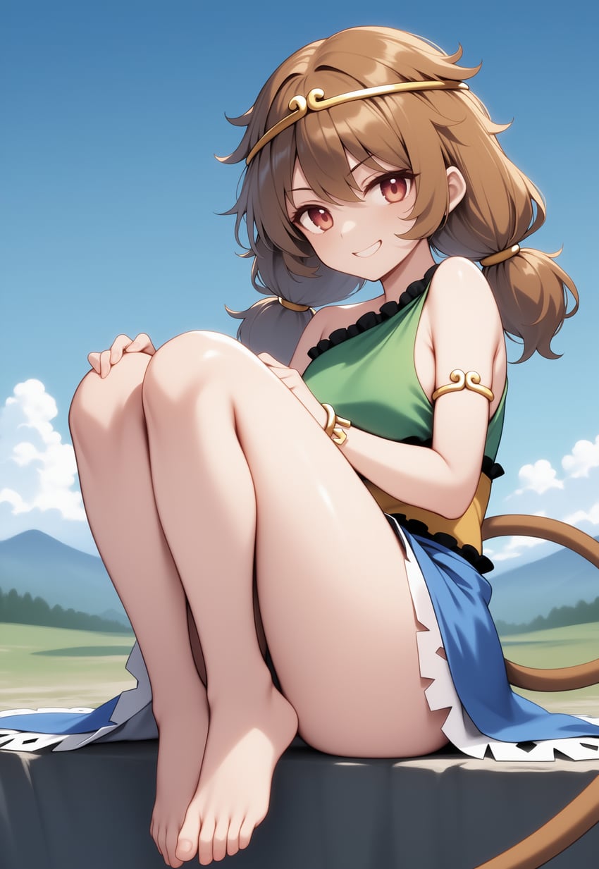 1girl, bare_legs, bare_shoulders, barefoot, blue_dress, breasts, brown_hair, circlet