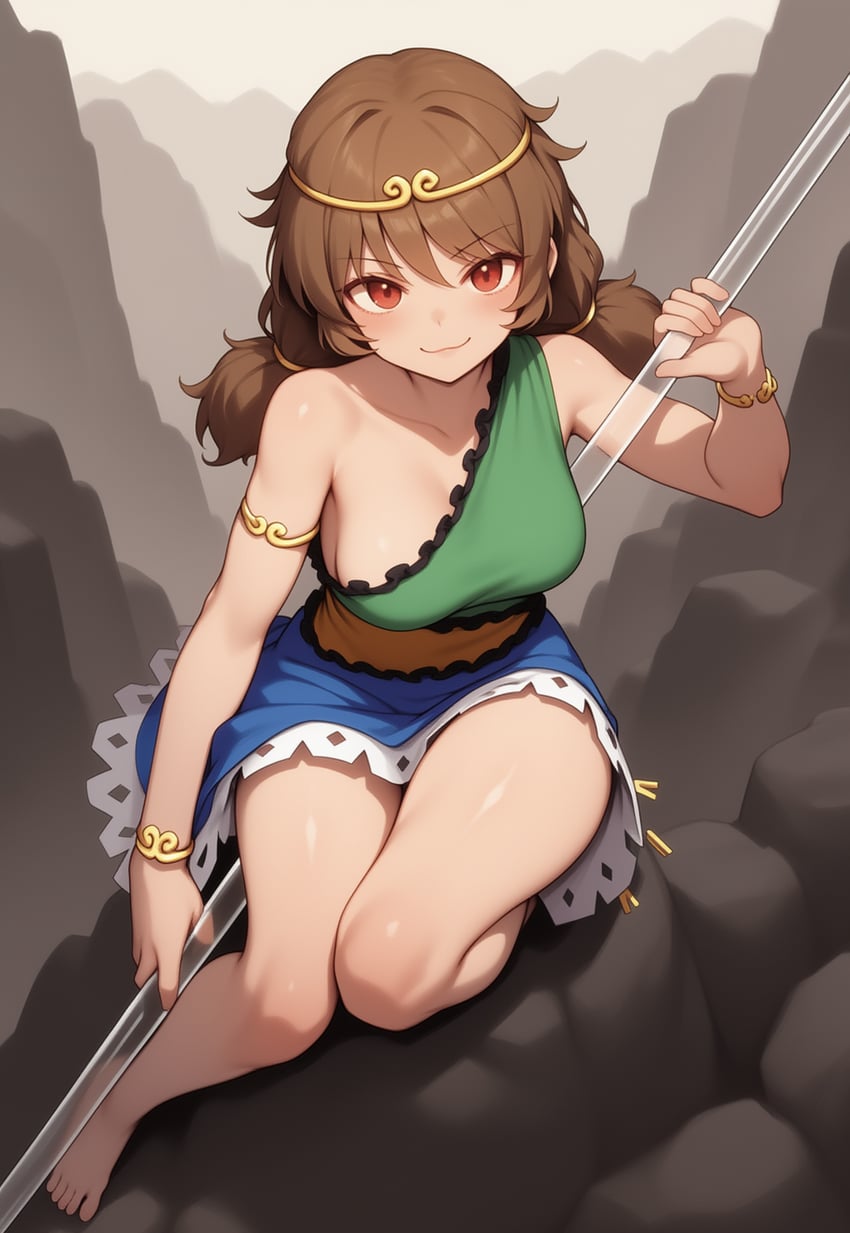 1girl, :3, bare_legs, bare_shoulders, barefoot, blue_dress, bo_staff, breasts