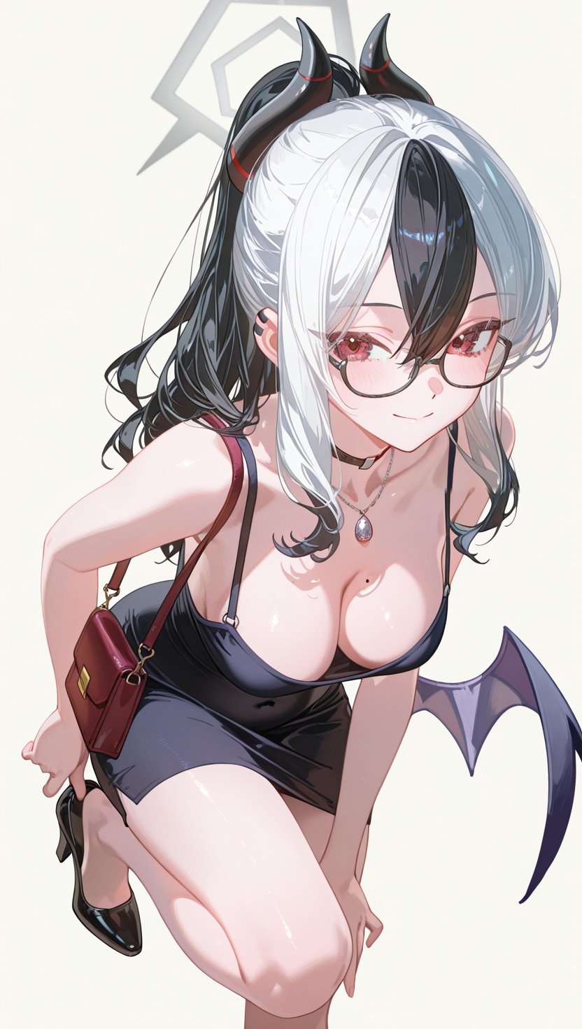 1girl, adjusting_footwear, bag, bare_arms, bare_shoulders, black-framed_eyewear, black_choker, black_dress