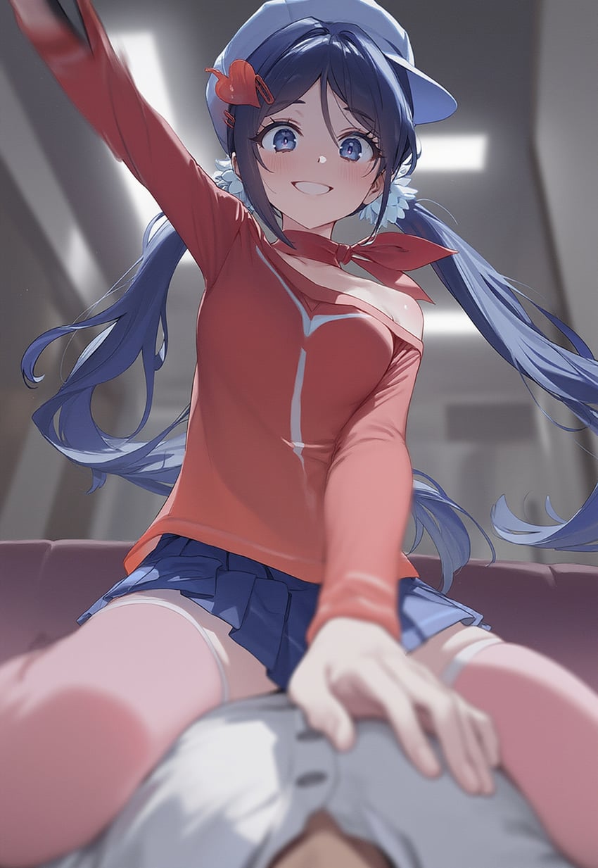 1boy, 1girl, blue_eyes, blue_hair, blue_headwear, blue_skirt, blurry, blurry_background