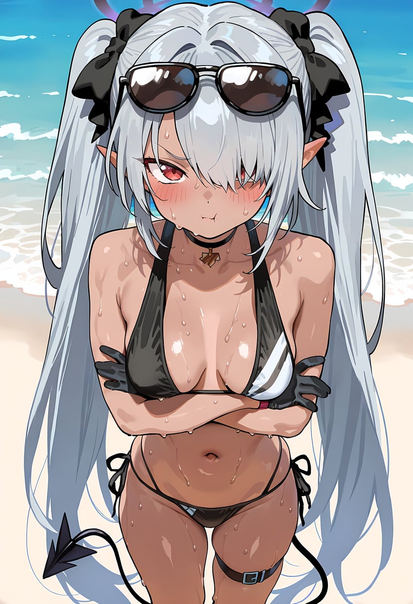 1girl, absurdres, armpit_crease, beach, belt, belt_buckle, bikini, black_belt