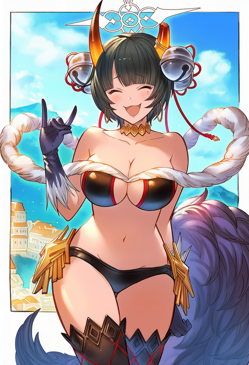 1girl, :d, \m/, amachi_niya, bangs, bare_shoulders, bell, bikini, black_bikini, black_gloves, black_hair, black_swimsuit, black_thighhighs, blue_archive, blue_sky, blush, breasts, choker, cleavage, cloud, collarbone, cosplay, day, erune, facing_viewer, fang, fox_tail, fur_trim, gloves, groin, hair_bell, hair_ornament, horns, jewelry, jingle_bell, large_breasts, mole, mole_under_eye, navel, niya_(blue_archive), non-web_source, novelai, open_mouth, outdoors, self-upload, shaddai, short_hair, sky, smile, solo, standing, swimsuit, tail, thighhighs, thighs, yuel_(granblue_fantasy), yuel_(granblue_fantasy)_(cosplay)