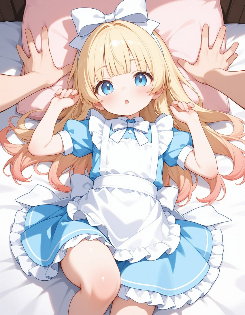 1girl, 1other, :o, alice_(alice_in_wonderland), alice_in_wonderland, apron, arms_up, bangs