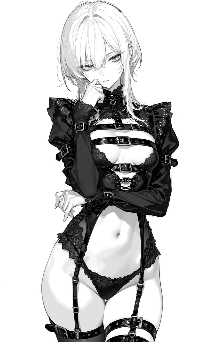 1girl, bad_id, bad_twitter_id, belt, belt_buckle, breasts, buckle, closed_mouth