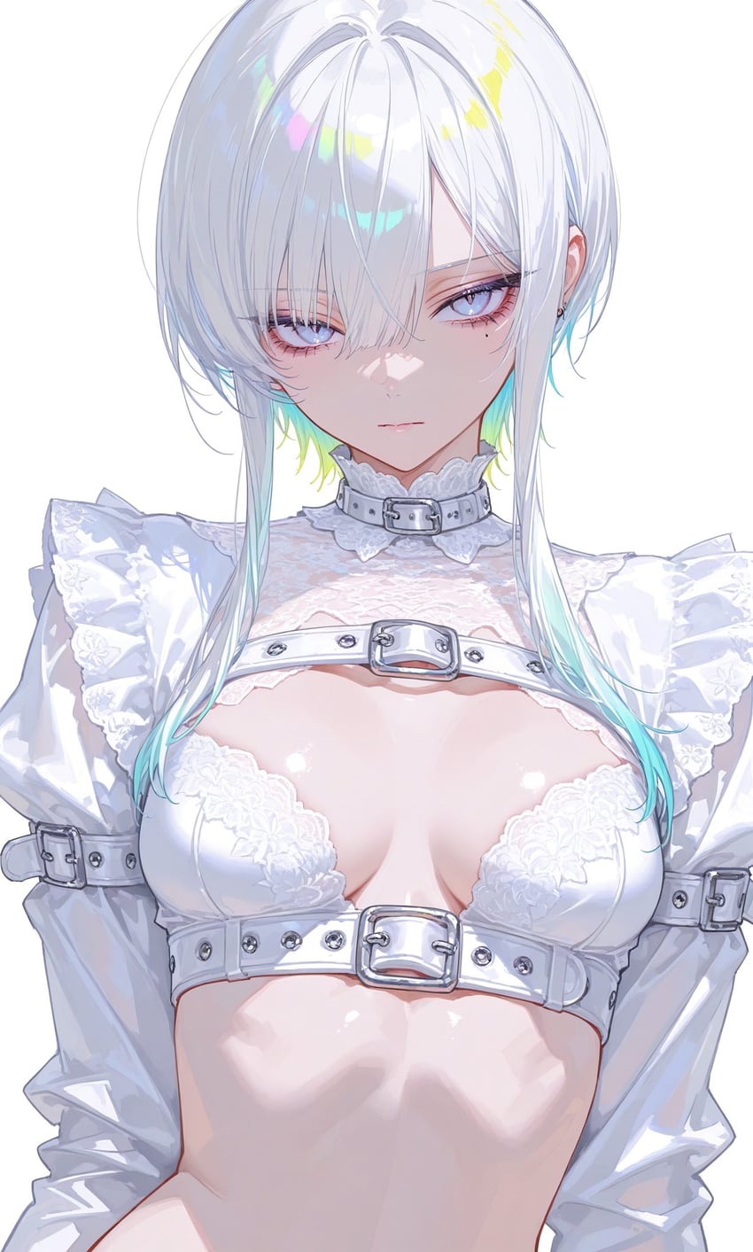 1girl, bad_id, bad_twitter_id, belt, belt_buckle, belt_collar, blonde_hair, blue_hair