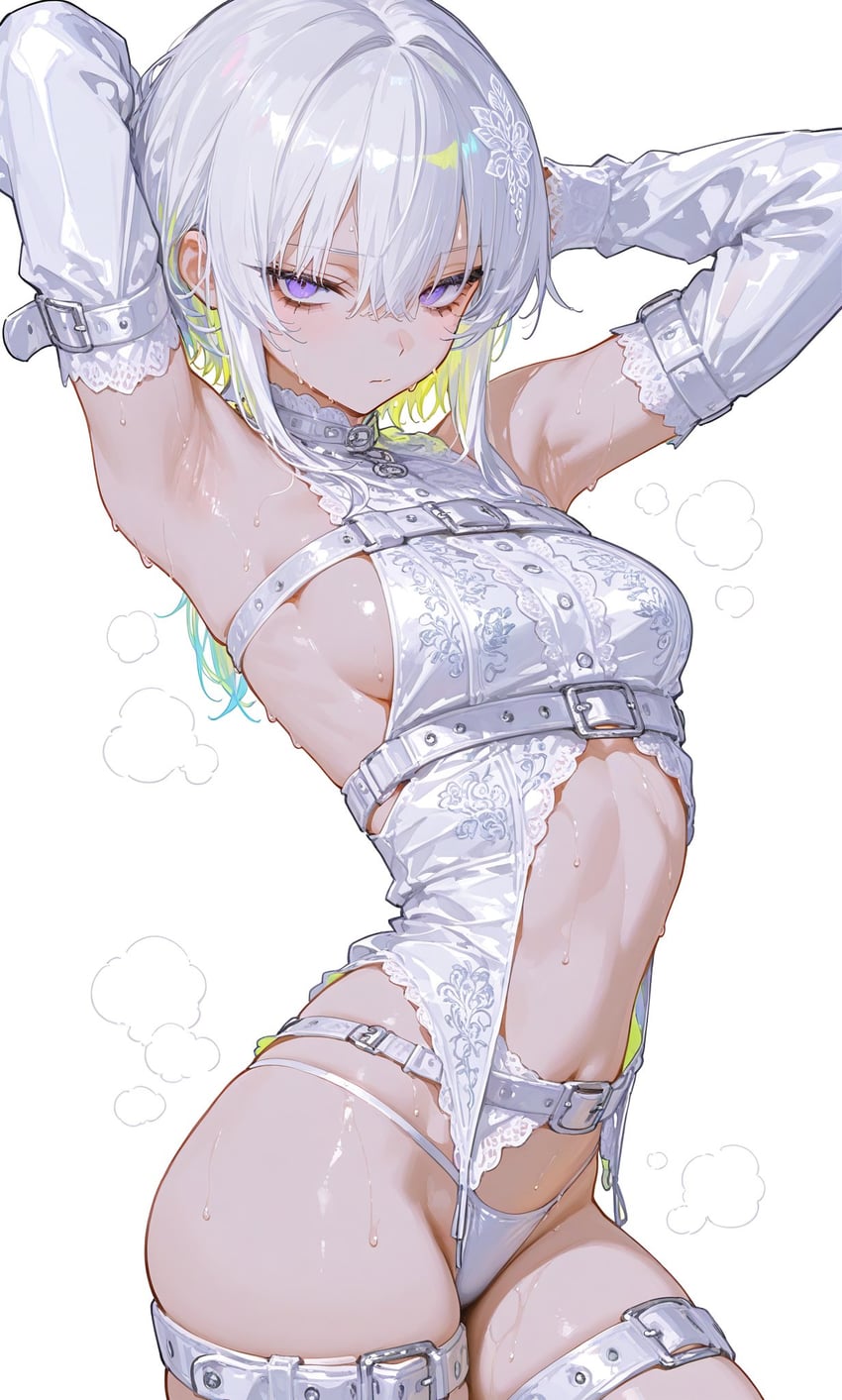 1girl, armpits, arms_behind_head, arms_up, bad_id, bad_twitter_id, bangs, bare_shoulders