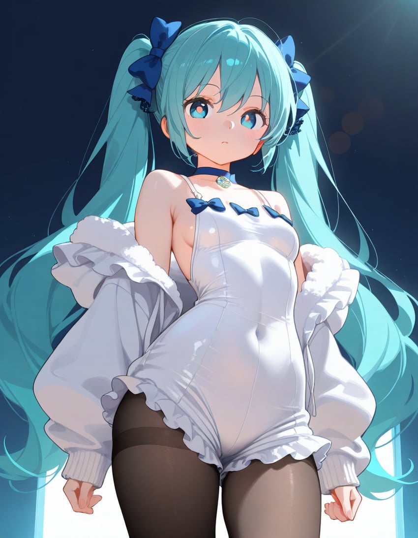 1girl, aqua_eyes, aqua_hair, artist_request, bangs, blue_bow, blue_collar, bow