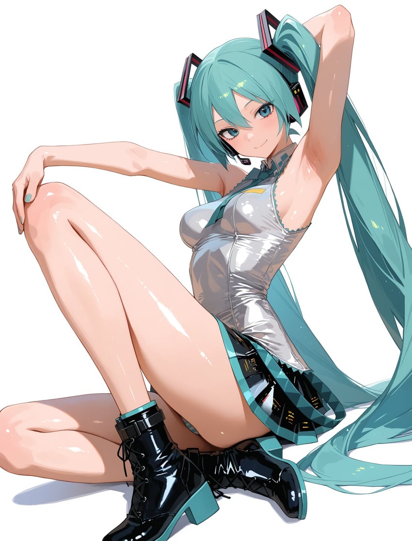1girl, absurdres, aqua_eyes, aqua_hair, aqua_nails, aqua_necktie, arms_up, bangs