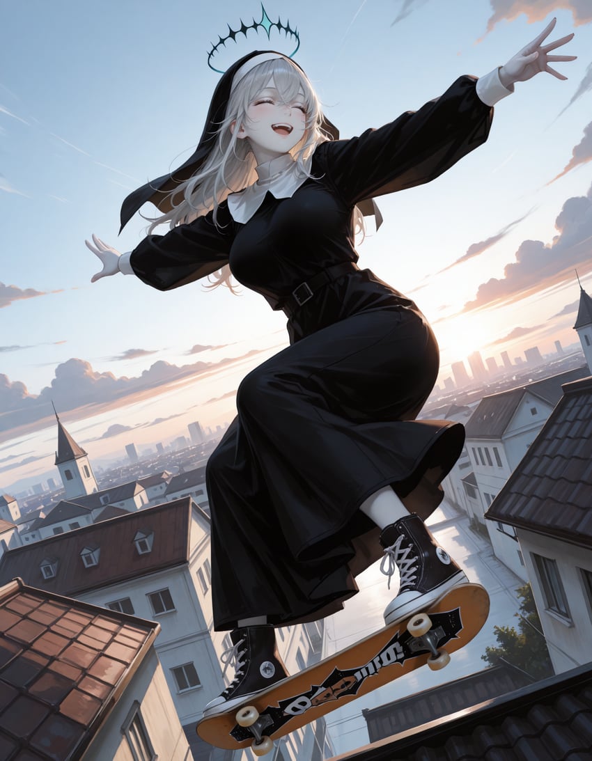 1girl, adetailer, belt, black_dress, black_footwear, blush, breasts, building, city, closed_eyes, cloud, cross, day, drawfag, dress, full_body, habit, halo, highres, inpainted, large_breasts, long_hair, long_sleeves, lora, nun, open_mouth, outdoors, outstretched_arms, shoes, skateboard, sky, smile, sneakers, solo, spectra_libitina, spread_arms, teeth, upper_teeth_only, v&u_entertainment, virtual_youtuber, white_hair