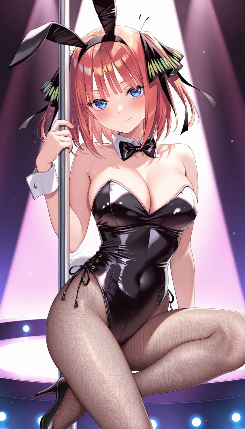 1girl, animal_ears, bangs, bare_shoulders, black_leotard, black_ribbon, blue_eyes, blunt_bangs