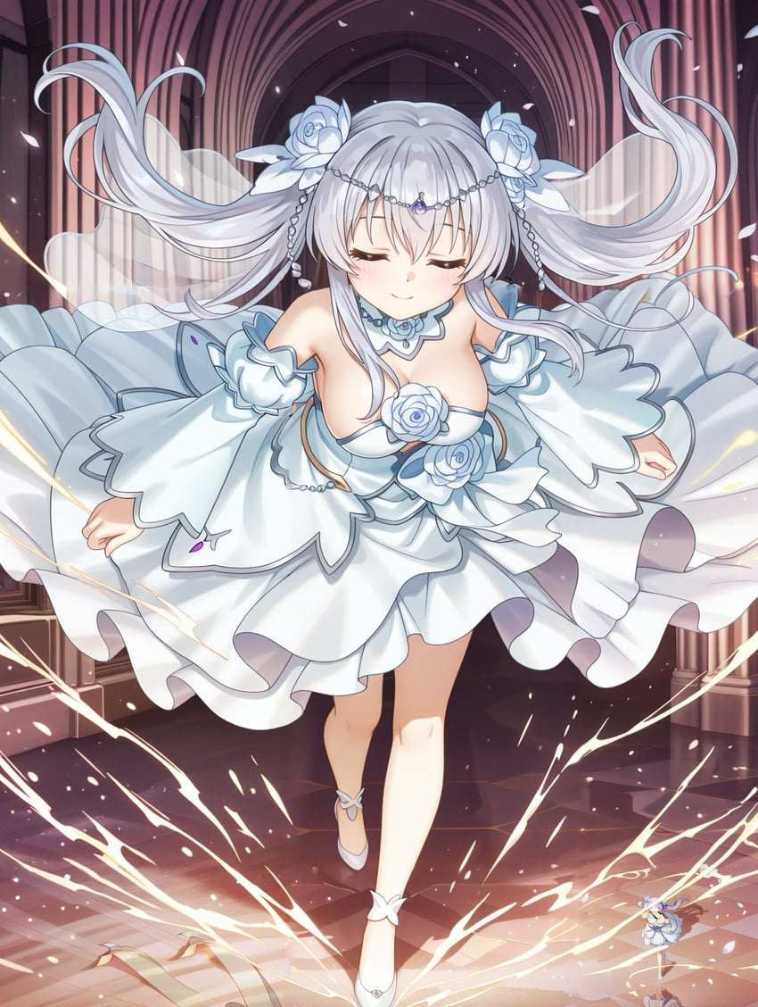 1girl, ankle_ribbon, bare_shoulders, blush, braid, breasts, celia_claire, circle_skirt