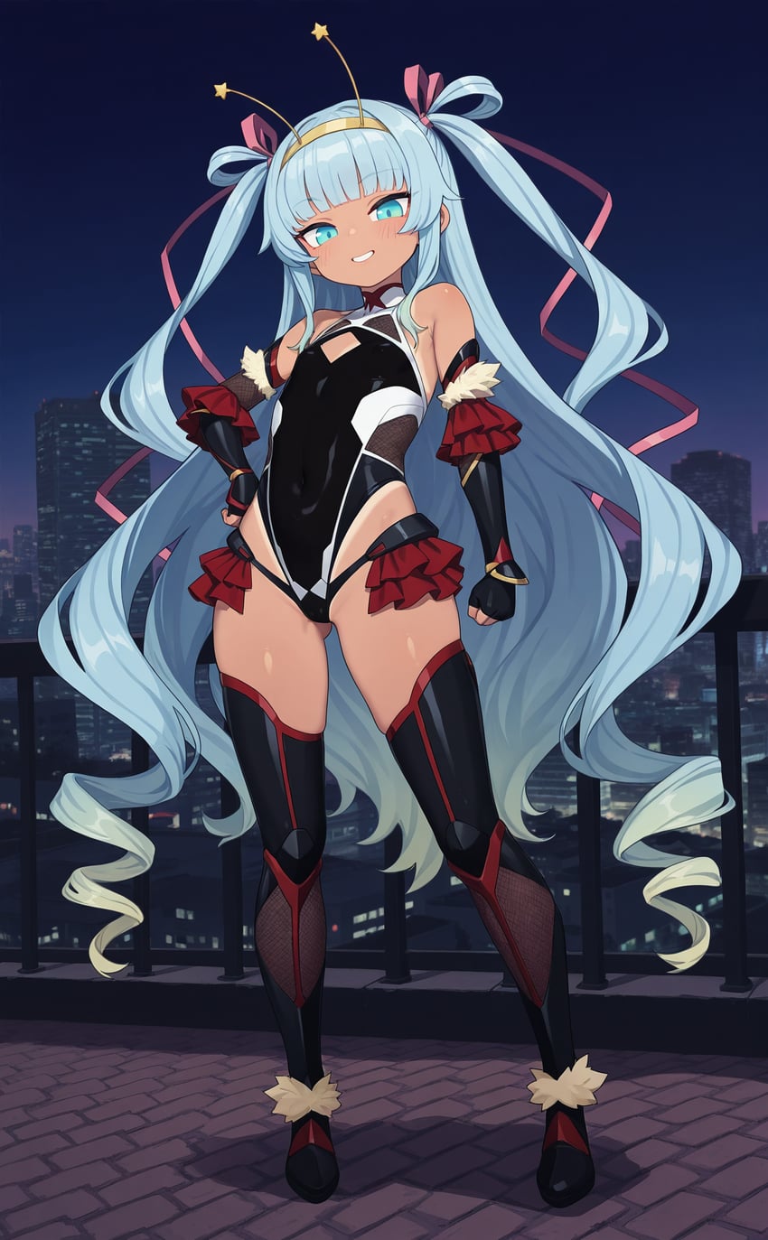 1girl, ass_visible_through_thighs, bangs, bare_shoulders, black_gloves, blue_eyes, blue_hair, blunt_bangs