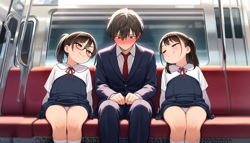 1boy, 2girls, black-framed_eyewear, blush, brown_eyes, brown_hair, character_request, copyright_request