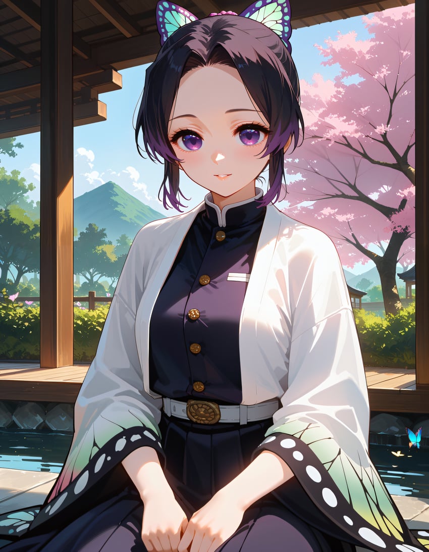 1girl, absurdres, butterfly_hair_ornament, cherry_blossoms, commentary, demon_slayer_uniform, edward_no_genso, gradient_hair