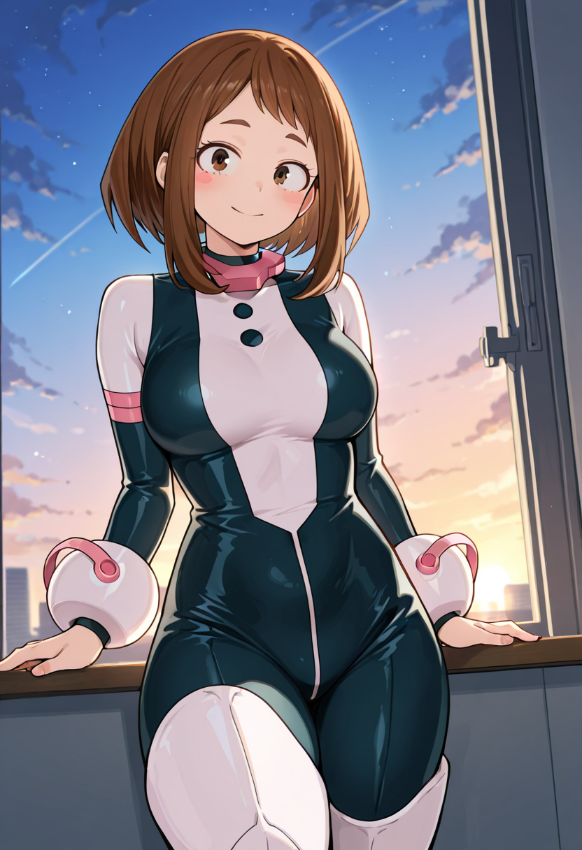 1girl, armored_boots, bangs, blush, bodysuit, boku_no_hero_academia, boots, breasts