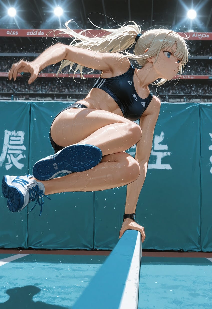 1girl, armpits, bangs, bare_arms, bare_shoulders, blonde_hair, blue_eyes, breasts