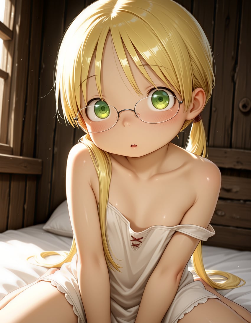 1girl, :o, absurdres, bangs, bare_shoulders, bed, between_legs, blonde_hair