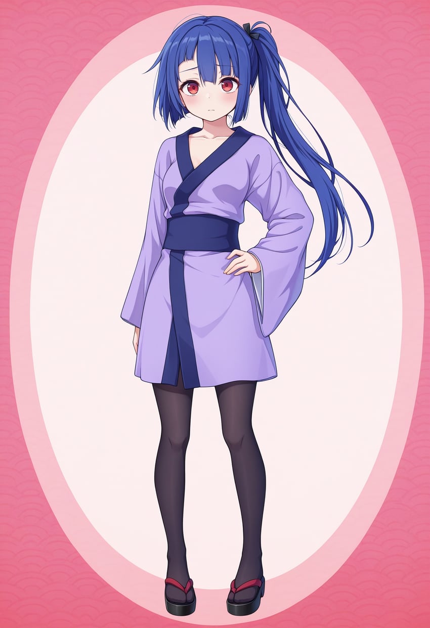 1girl, adetailer, amaterasu_(sister's_story), asymmetrical_hair, bangs, black_footwear, black_pantyhose, black_ribbon