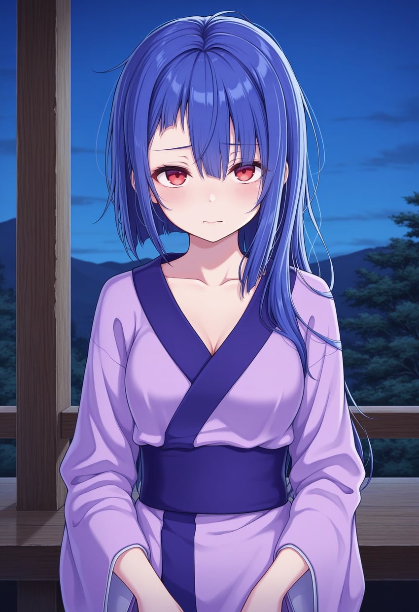 1girl, adetailer, alternate_hairstyle, amaterasu_(sister's_story), asymmetrical_hair, asymmetrical_sidelocks, bangs, blue_hair