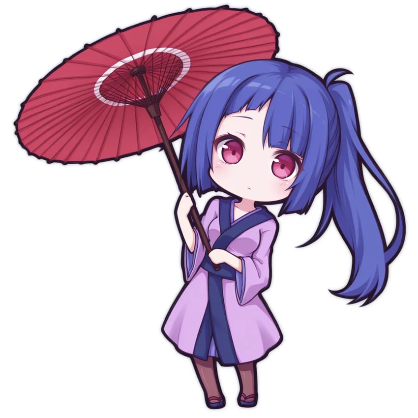 1girl, adetailer, amaterasu_(sister's_story), asymmetrical_hair, bangs, blue_hair, breasts, brown_pantyhose