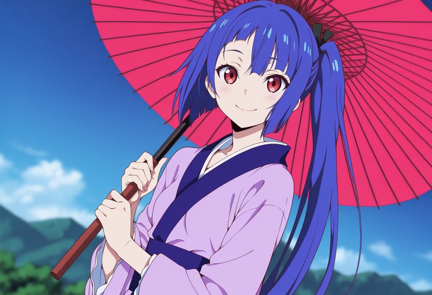 1girl, adetailer, amaterasu_(sister's_story), anime_coloring, asymmetrical_bangs, asymmetrical_hair, bangs, black_ribbon