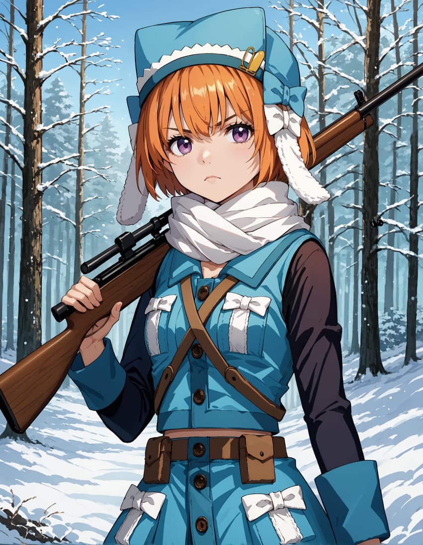 1girl, belt, black_sleeves, blue_headwear, blue_skirt, blue_vest, blue_wrist_cuffs, bow