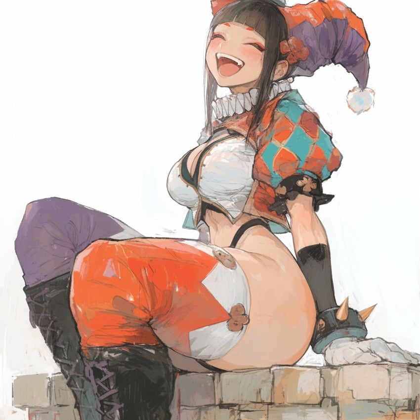 1girl, asymmetrical_legwear, bangs, black_footwear, black_hair, blunt_bangs, boots, bracelet