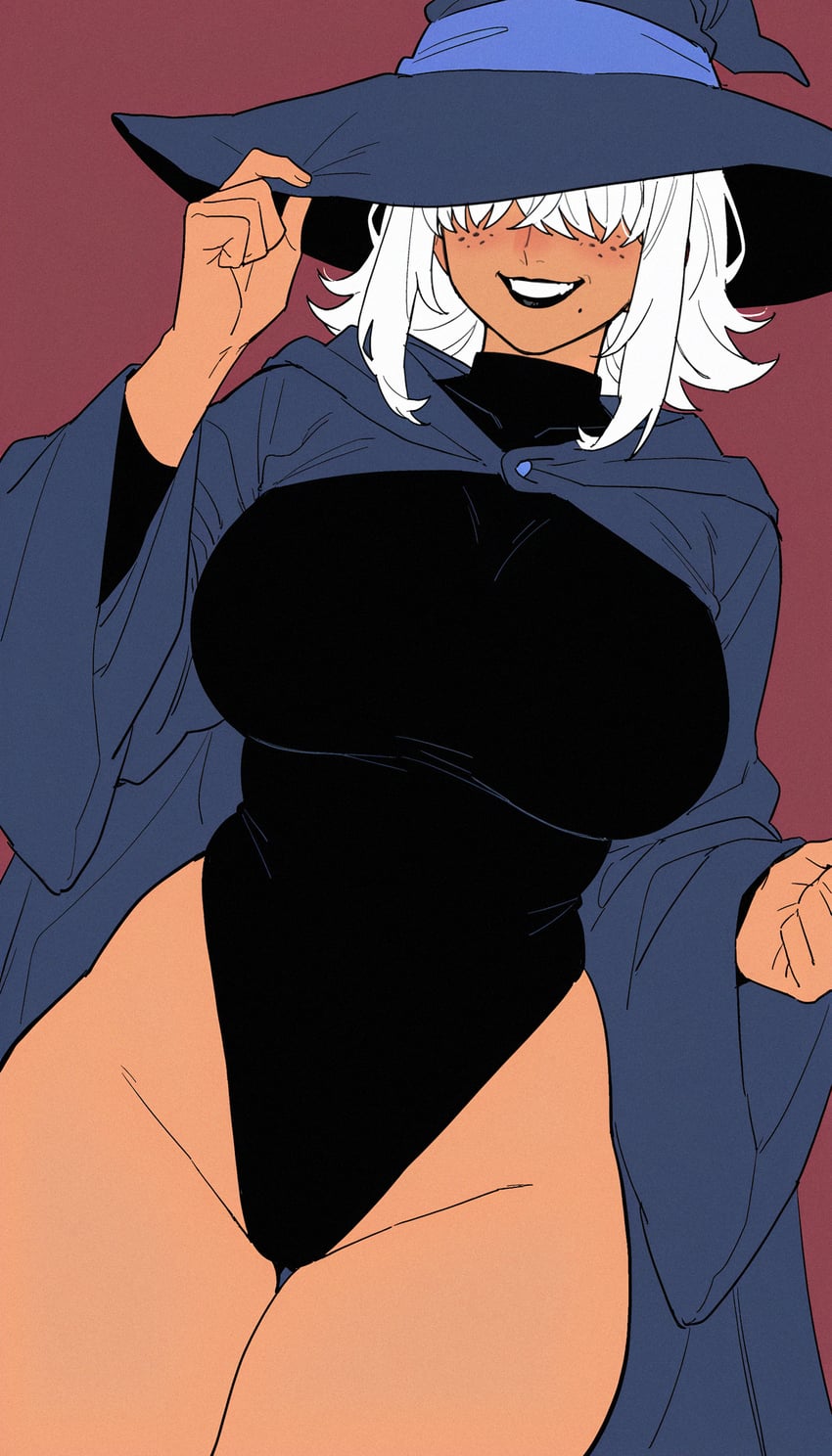 1girl, bangs, black_lips, breasts, cloak, cowboy_shot, curvy, dark-skinned_female, dark_skin, dutch_angle, flipped_hair, freckles, groin, hair_over_eyes, hat, highres, large_breasts, leotard, mature_female, medium_hair, miruku_(model), mole, mole_under_mouth, non-web_source, original, red_background, ryn, self-upload, simple_background, solo, thick_thighs, thighs, turtleneck_leotard, white_hair, witch_hat