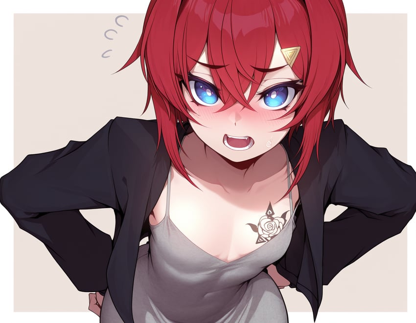 1girl, ange_katrina, black_jacket, blue_eyes, blush, breasts, collarbone, covered_navel, dongtan_dress, drawfag, dress, flying_sweatdrops, grey_dress, hair_between_eyes, hair_ornament, hairclip, hands_on_own_hips, highres, jacket, looking_at_viewer, lora, meme_attire, nai-xl_vpred1.0_2d_accelerated, nijisanji, open_mouth, red_hair, short_hair, small_breasts, solo, stealth, symbol-shaped_pupils, tattoo, virtual_youtuber