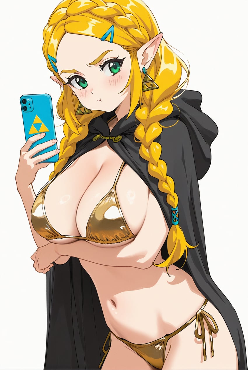 1girl, :t, arm_under_breasts, bad_link, bikini, blonde_hair, blush, braid