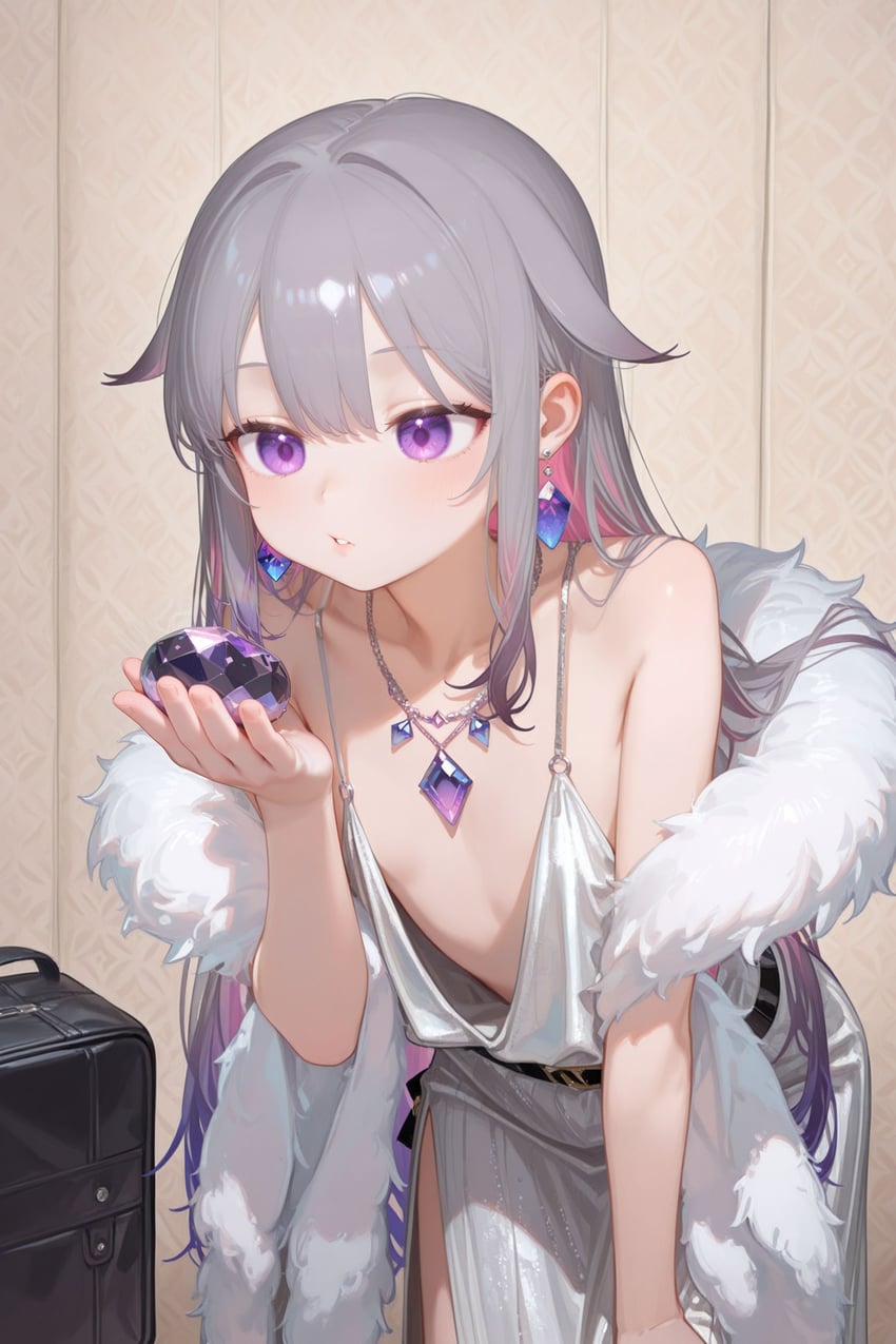 1girl, absurdres, bag, bare_shoulders, black_bag, blush, breasts, colored_inner_hair