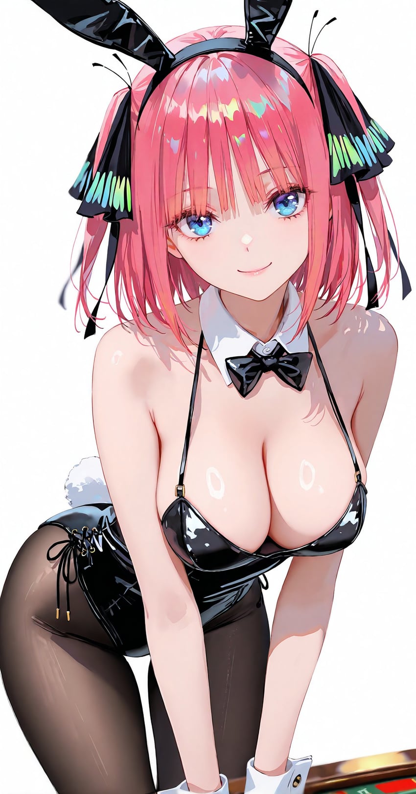 1girl, animal_ear_hairband, animal_ears, bangs, bare_breasts, black_bow, black_bowtie, black_leotard