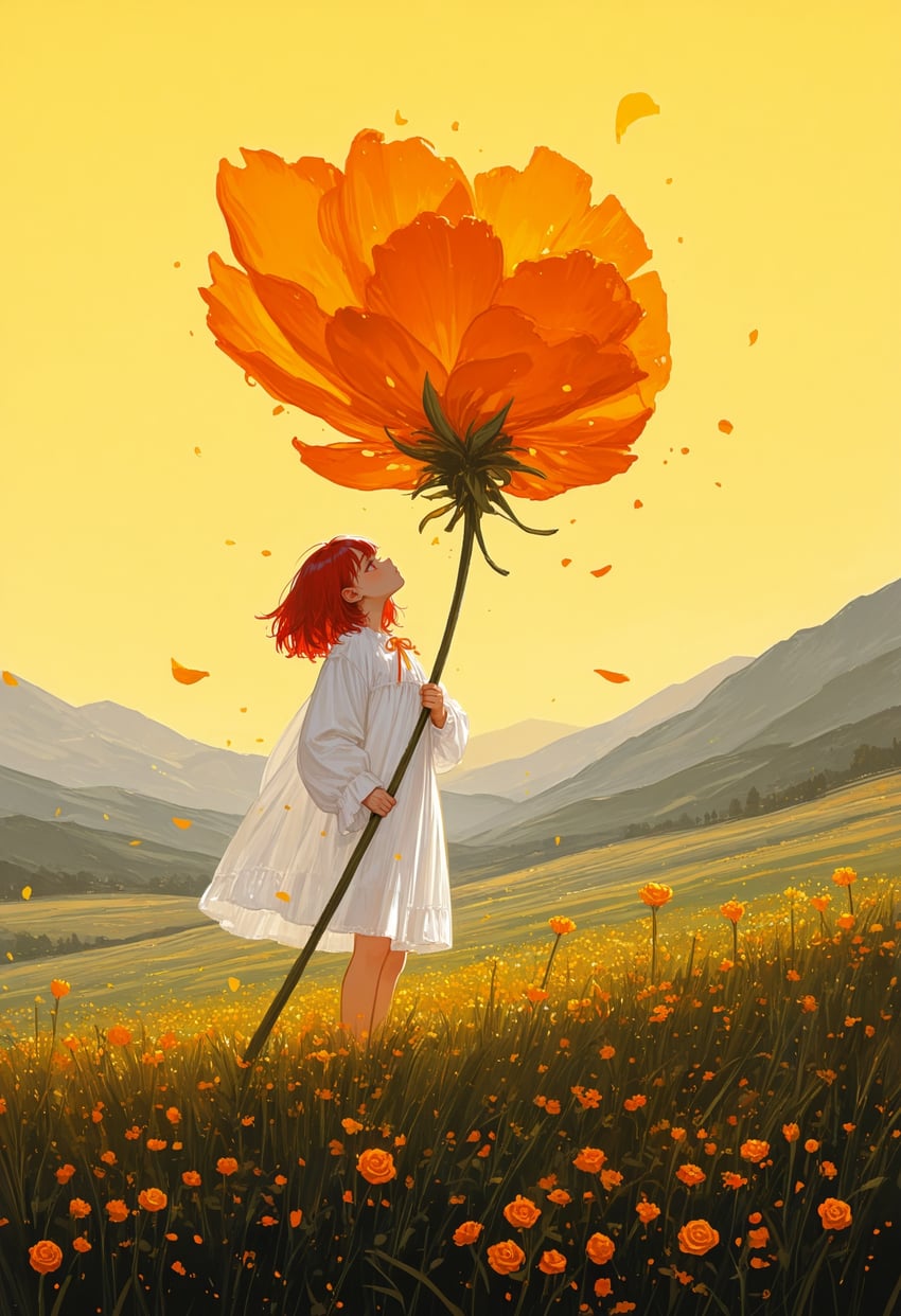 1girl, dress, field, flower, flower_field, from_side, grass, highres