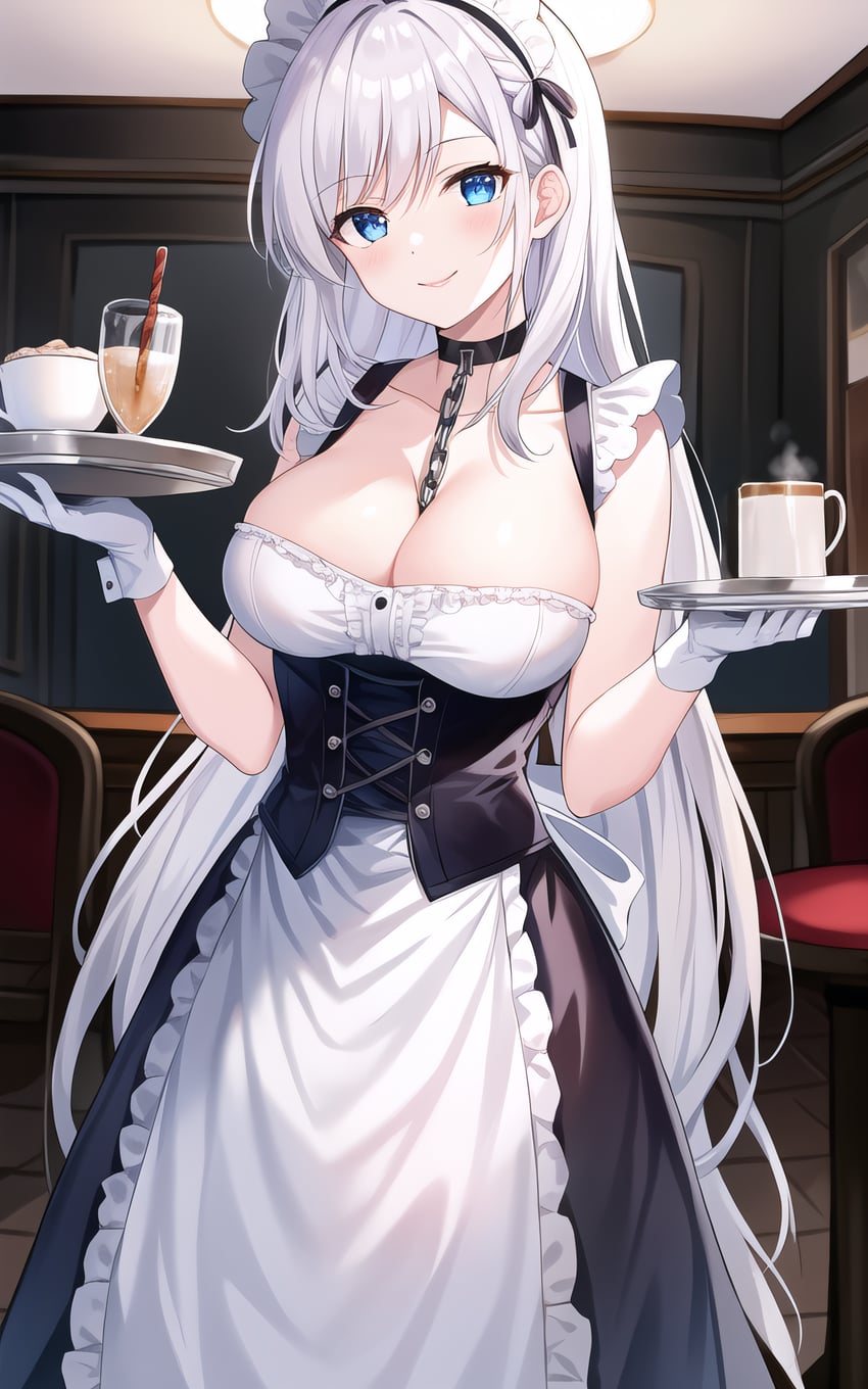 1girl, absurdres, apron, azur_lane, belfast_(azur_lane), black_choker, blue_eyes, breasts, chain, choker, cleavage, coffee_mug, collarbone, commentary, cup, dress, drinking_glass, frilled_apron, frills, gloves, highres, holding, holding_tray, incredibly_absurdres, large_breasts, long_hair, looking_at_viewer, maid, maid_headdress, metadata_request, model_request, mug, smile, solo, tannashi, tray, white_gloves, white_hair