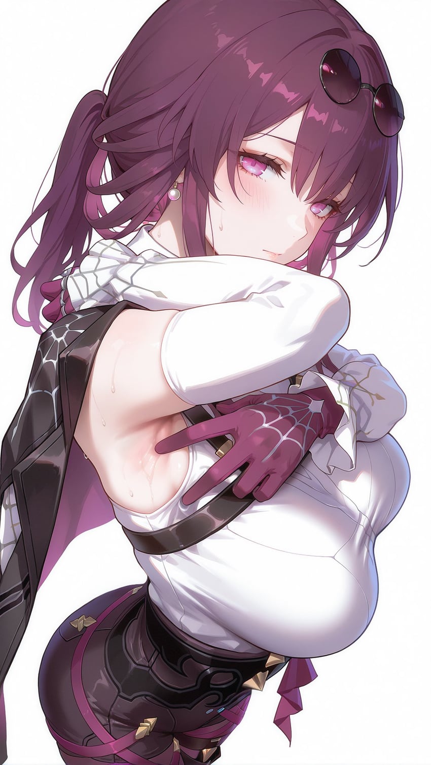 1girl, armpits, black_jacket, breasts, chest_harness, closed_mouth, dettsuz, earrings